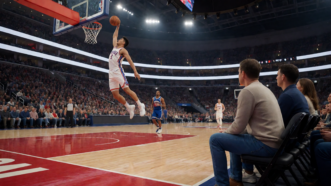 篮球比赛精彩瞬间：NBA球员在空中完成扣篮动作，展现赛事直播激情